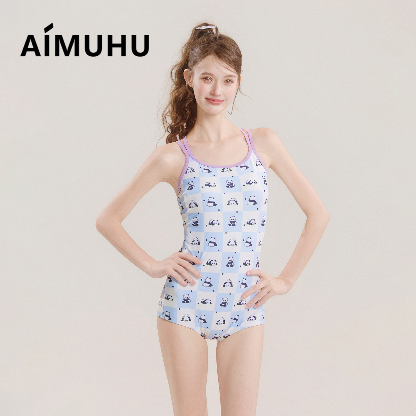 AIMUHU可爱小熊熊平角连体泳衣女性感显瘦露背保守运动专业泳装