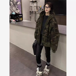 加大码300斤宽松连帽迷彩加绒外套男女秋冬季保暖拉链开衫棒球服2