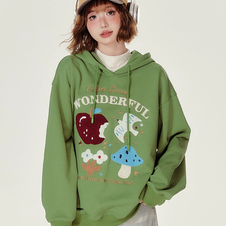 特大码300斤彩色蘑菇毛巾绣连帽卫衣女冬新款宽松套头加绒上衣潮2