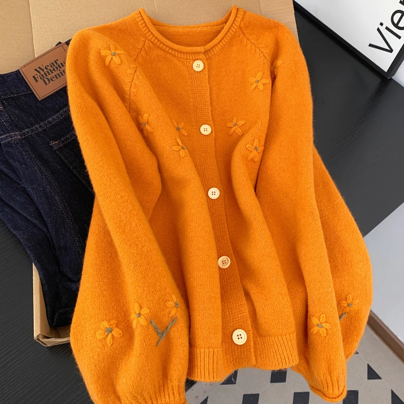 大码300斤复古南瓜橘色刺绣花朵针织开衫女秋冬卷边宽松外套毛衣