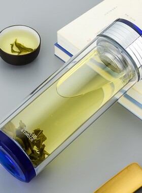 品牌正品水杯圣以诺泡茶车载便携杯子男女蓝色水晶加厚双层玻璃杯