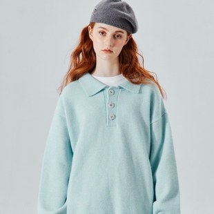 潮牌精品百分百纯棉2024男女同款POLO领薄荷色针织毛衣