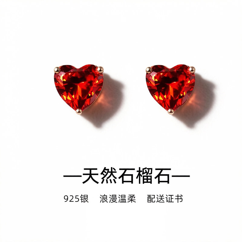 生日礼物天然石榴石银耳钉女小众浪漫爱心银耳环送证书红色本命年图片