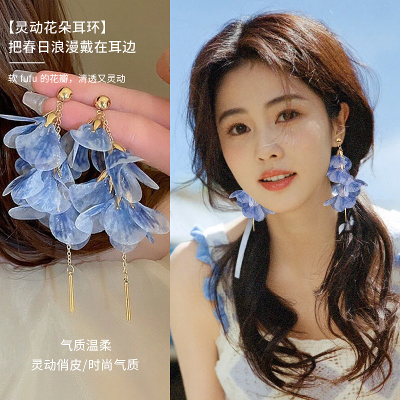 蓝色花朵耳夹女小众设计感度假风图片