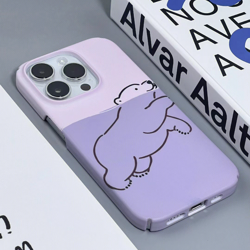 卡通紫色北极熊苹果13磨砂手机壳菲林壳iphone14高级感13pro个性简约壳全半包防摔硬壳xs情侣男女款可爱ins