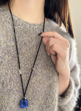 MISS JOJO原创设计时尚简约百搭气质女方形蓝石黑绳银项链 3961