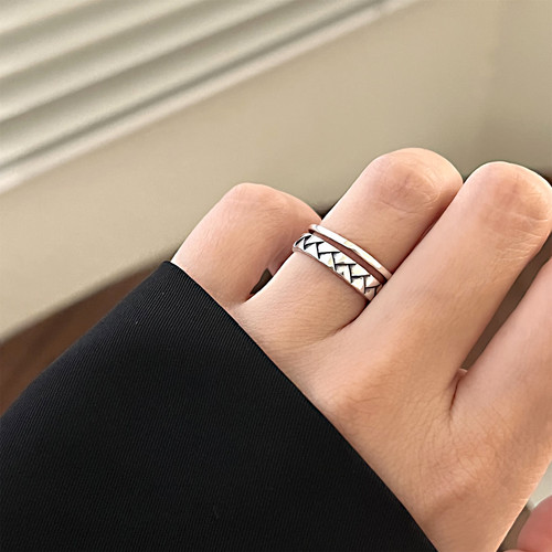 MISSJOJO ins风个性复古百搭交织双层戒指女开口纯银指环