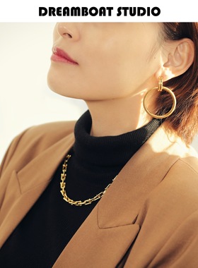 DREAMBOAT自制 savi同款钛钢镀金欧美简约几何双环圆圈hoop耳环女