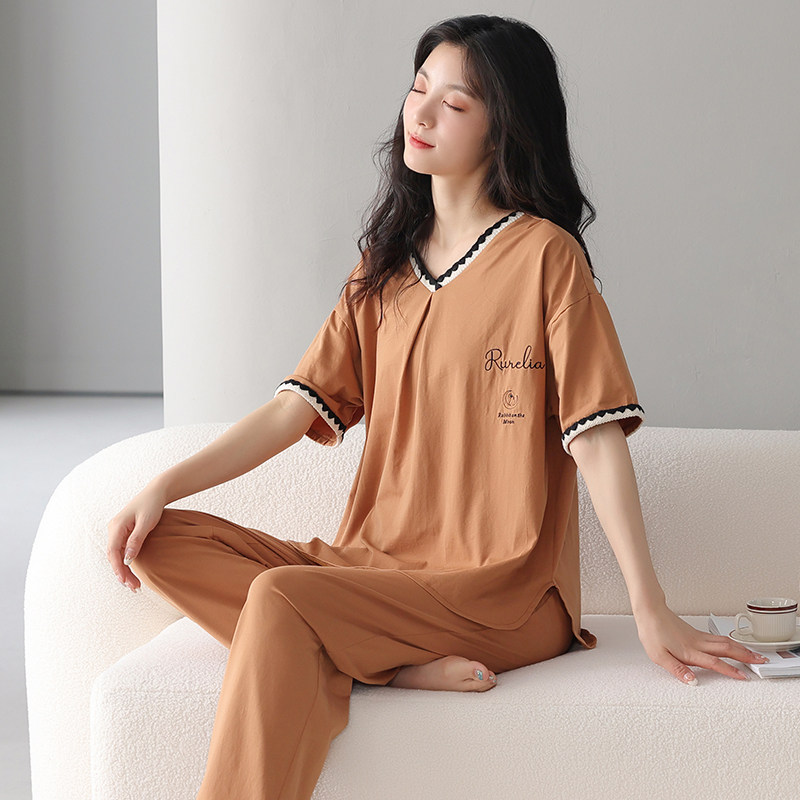 女莫代尔V领短袖长裤家居服新款