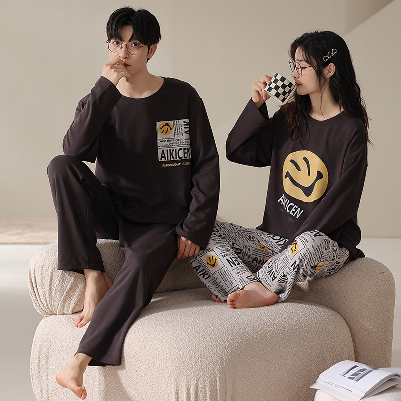 情侣睡衣长袖春秋可外穿纯棉套头新款薄款时尚男款女款家居服