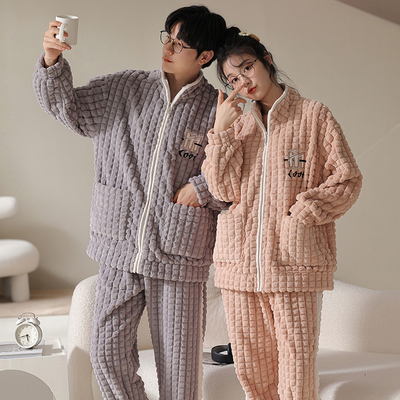 法兰绒拉链家居服情侣秋冬束脚口