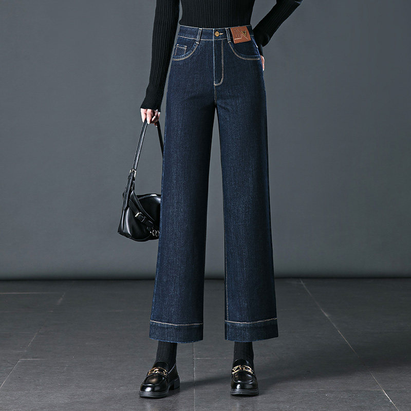 高腰小个子九分阔腿牛仔裤女显瘦2025年秋冬新款宽松加绒直筒裤子