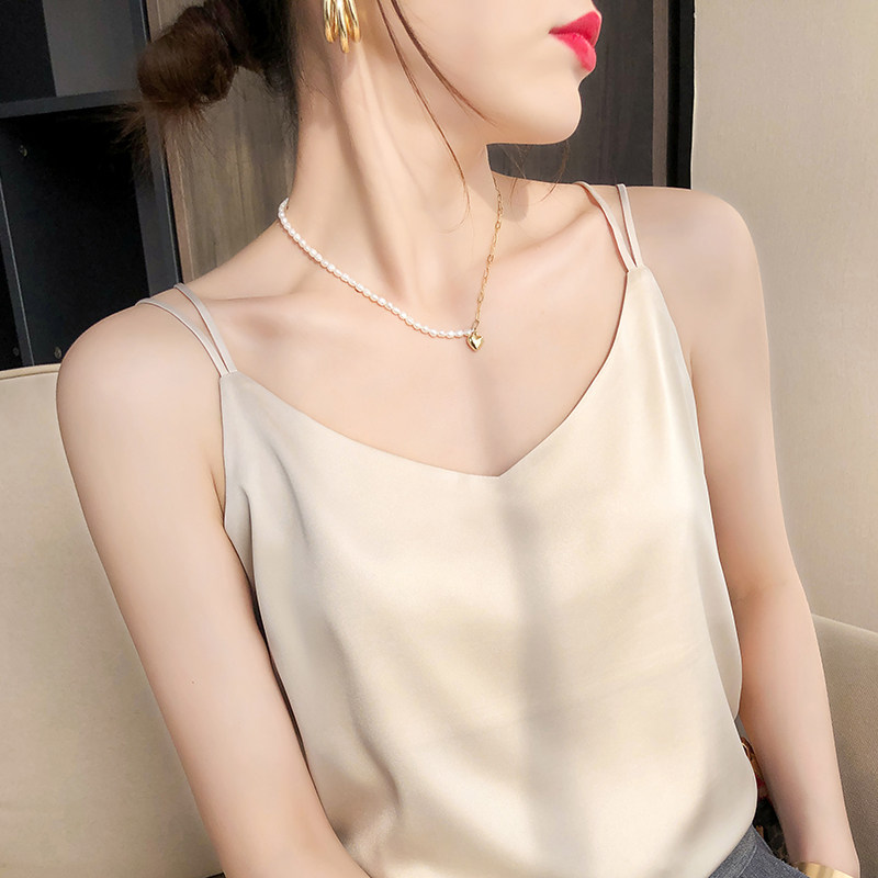 夏真丝吊带背心女西装内搭外穿香槟黑色桑蚕蕾丝V领性感打底上衣