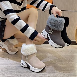 冬季加绒新品时尚内增高纯色毛毛短靴马丁靴女鞋高跟鞋靴子鞋子