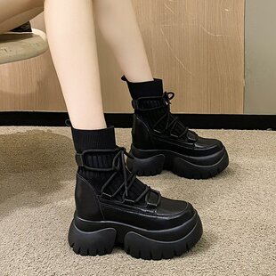 秋冬季新品厚底松糕底防滑纯色系带女士高跟ins针织软底女短靴靴