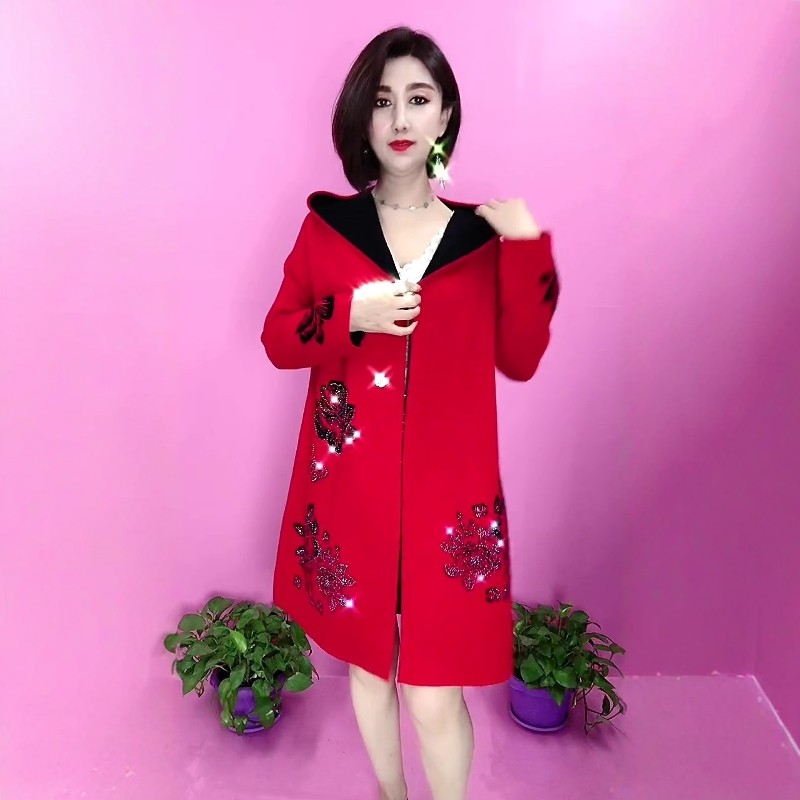 复古高档洋气妈妈两面穿毛呢大衣女中长款连帽红色外套玫瑰花风衣