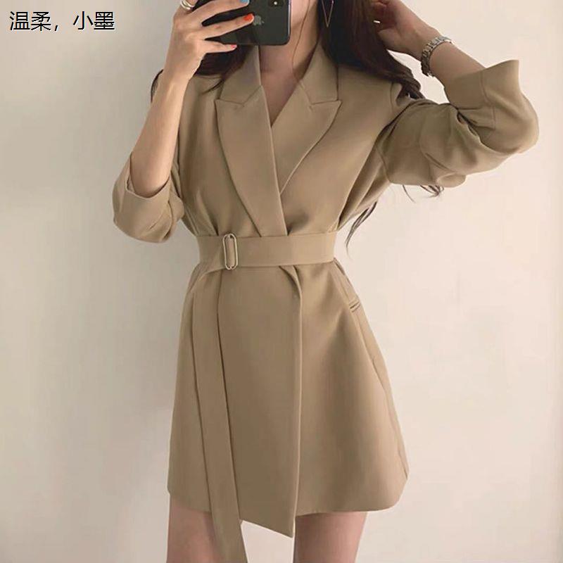 2024新款春秋网红韩版小西装外套女Chic中长款西服系腰带修身显瘦