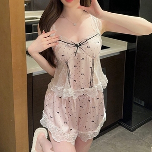 蕾丝边性感小吊带睡衣女夏季 家居服纯欲 薄款 冰丝绸深V领镂空短裤