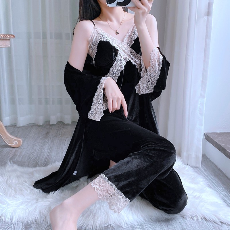 秋冬季新款睡衣女金丝绒睡袍长裤三件套家居服可外穿吊性感纯欲