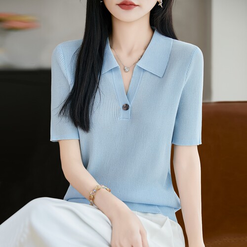 撤标撤柜（A）V领条纹针织短袖t恤女夏季薄款冰丝针织衫大码女装