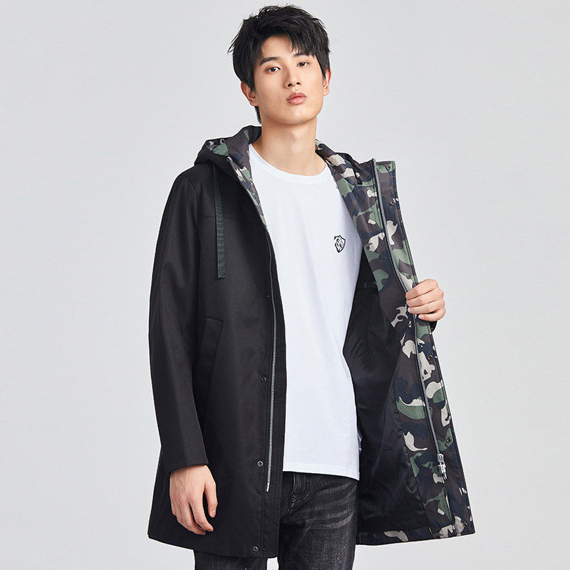 一线外套品牌折扣男装专柜2024春秋休闲时尚连帽夹克风衣中长款潮