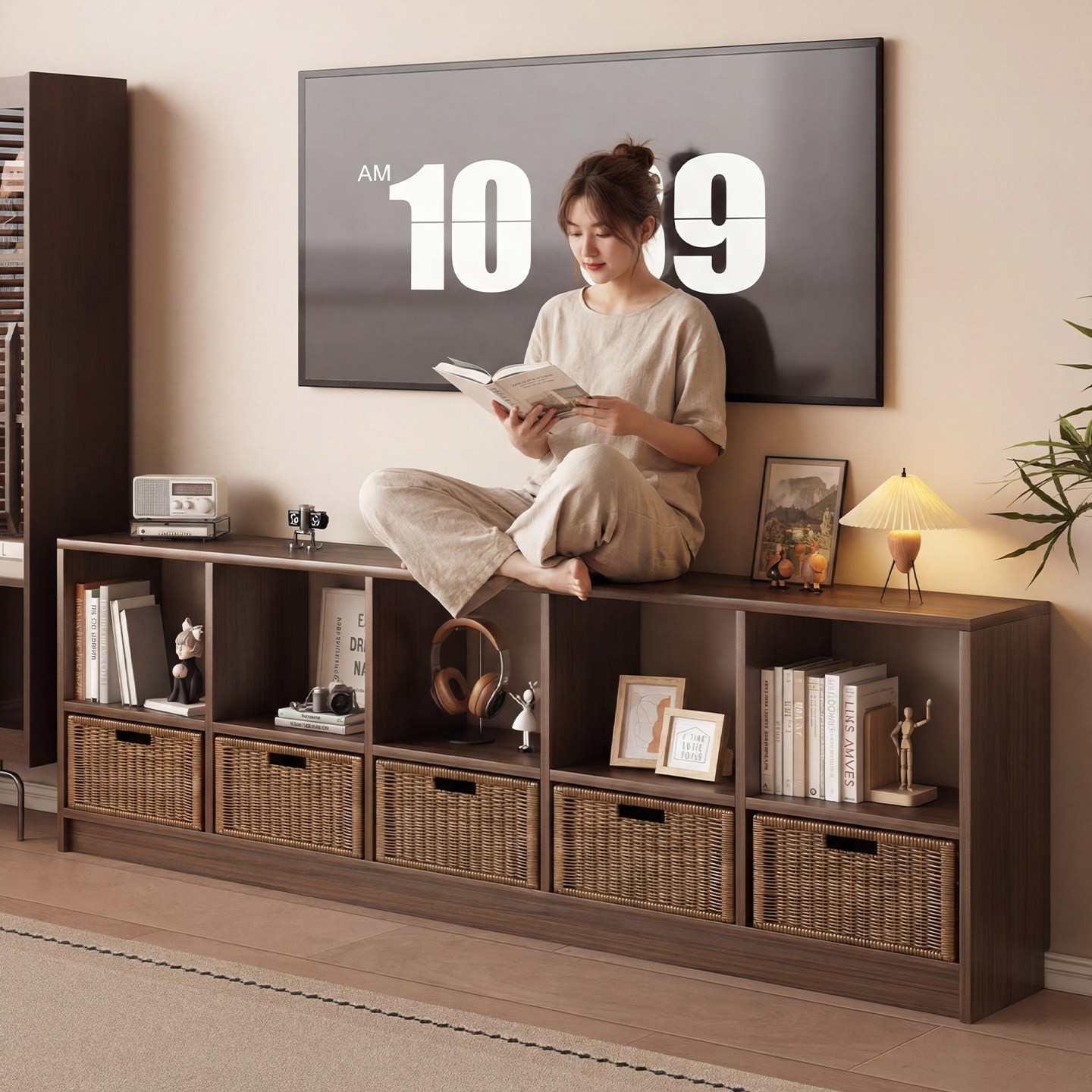 2026新款中古风隐藏插座客厅小户型极窄落地款电视机柜实木藤编柜