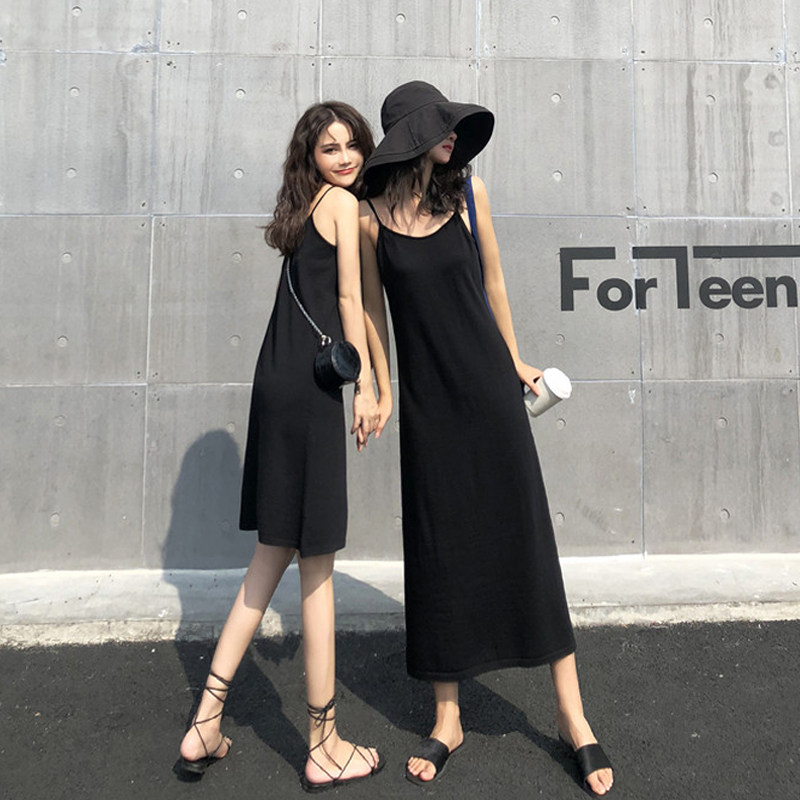 黑色吊带连衣裙女夏收腰显瘦性感内搭长款长裙秋款气质打底小黑裙
