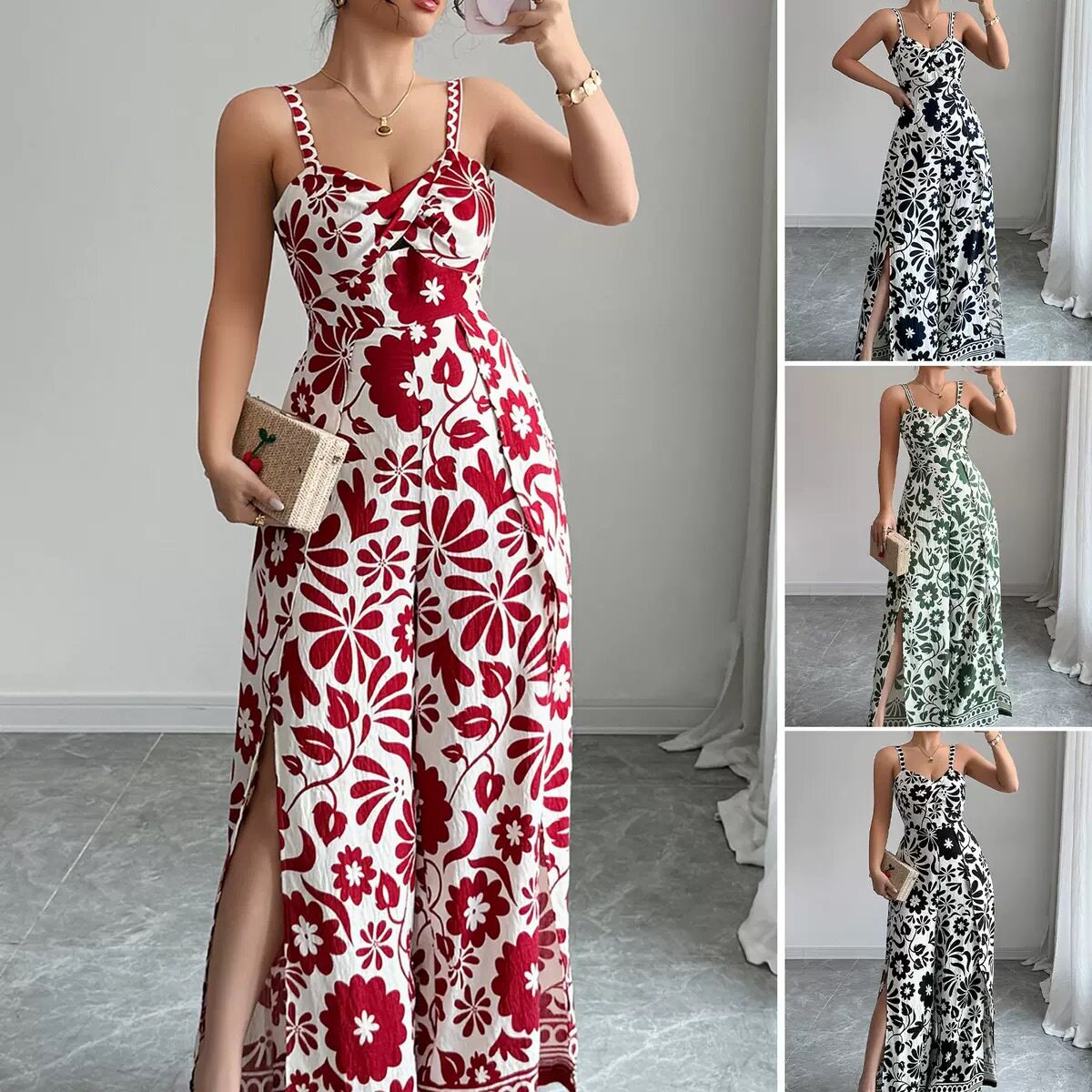长裤印花连体裤Printed sling backless wide leg jumpsuit pants