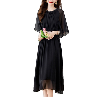 黑色乔其纱真丝连衣裙2025新款高档大牌夏季气质收腰显瘦长裙子