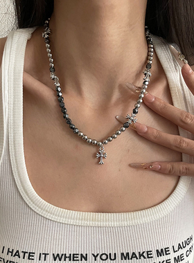 合金吊坠黑胆石串珠项链女潮