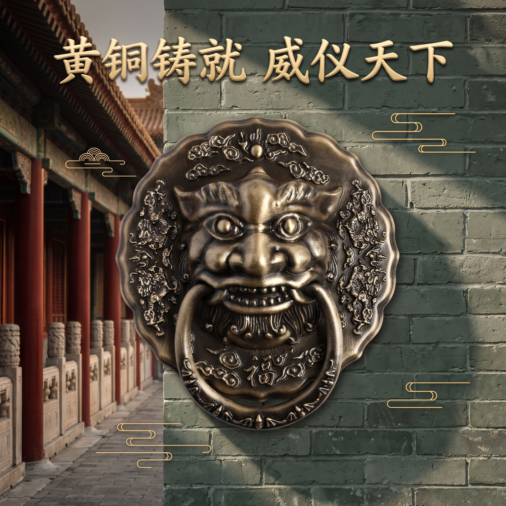 大门拉手狮子头门环仿古铜门环兽头老式木门麒麟拉手中式大门把手