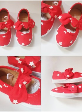 JANIE AND JACK红色星星可爱蝴蝶结春夏魔术贴松紧防滑软底女童