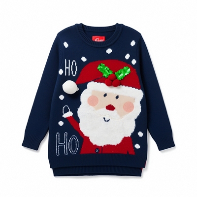 女童深蓝圣诞老人中长款毛衣