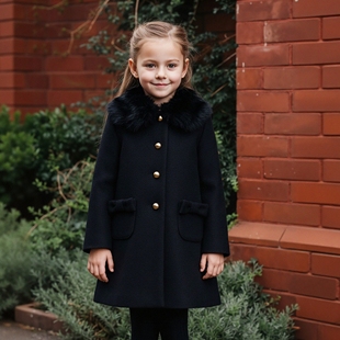 JANIE AND JACK黑色呢子蝴蝶结春秋冬季女童环保毛领外套配裙大衣