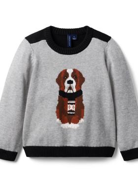 JANIE AND JACK浅灰色黑色撞色秋冬小狗男童圆领套头纯棉针织毛衣