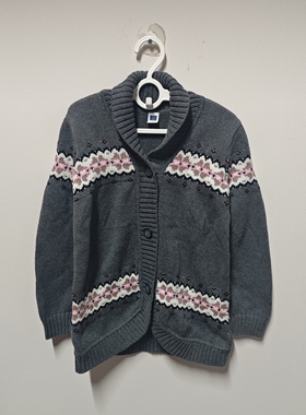 JANIE AND JACK深灰色费尔岛民族风女童青果领秋冬中长款毛衣外套