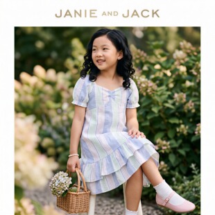 JANIEANDJACK纯棉绿白蓝条纹纯棉方领女童优雅气质薄款舒适连衣裙