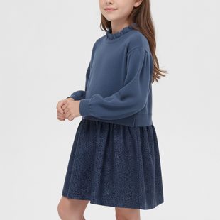 美单纯棉春秋冬女童深海蓝色豹纹木耳边学院风高档外穿针织连衣裙