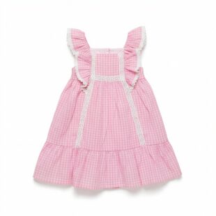 JANIE AND JACK纯棉浅粉色方格蕾丝木耳边春夏季女婴童宝宝连衣裙