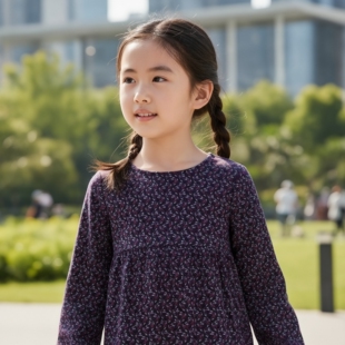 法单纯棉紫色花瓣春夏舒适女童优雅学院风高档长袖圆领套头连衣裙