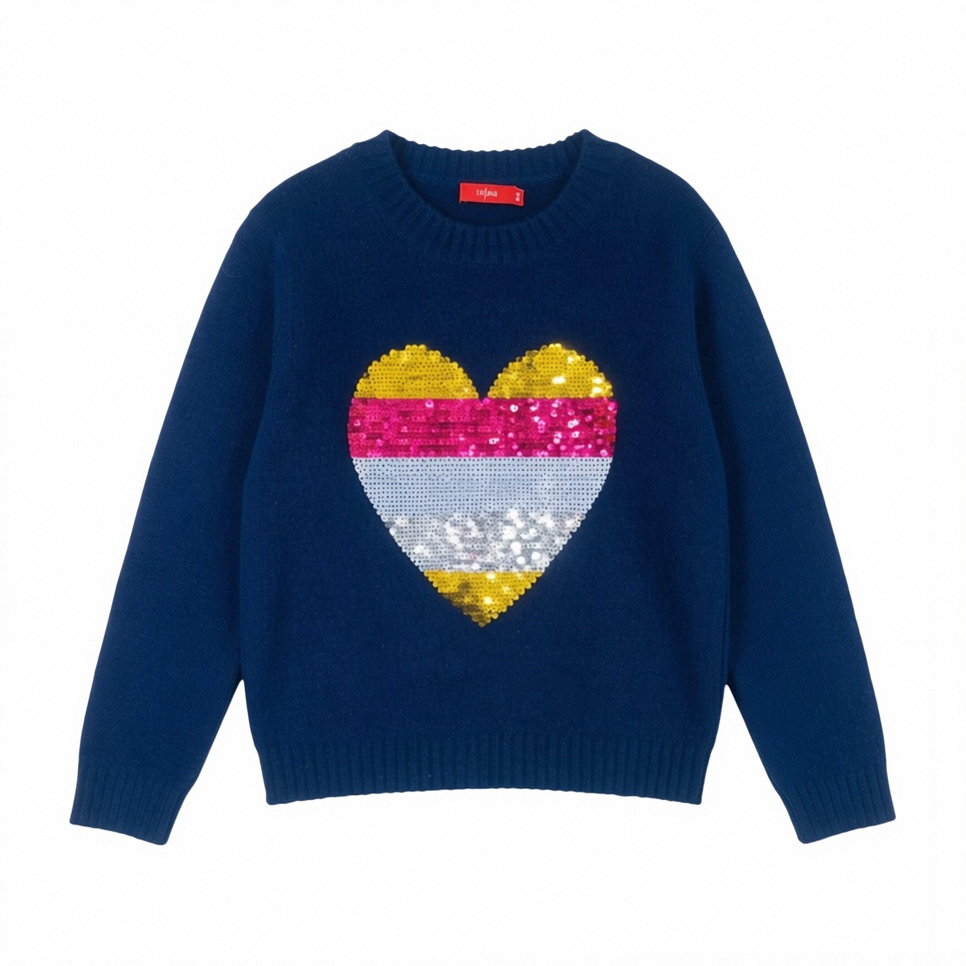 美单暗蓝色珠片彩虹爱心春秋冬圆领套头百搭户外女童长袖针织毛衣,童装/婴儿装/亲子装,毛衣/针织衫,淘宝优惠券,粉丝福利购,淘宝优惠卷