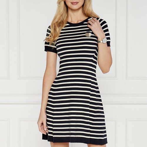 春夏纯棉白条纹短袖针织连衣裙