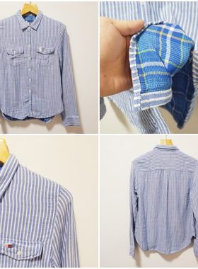 天蓝白条纹双层成人女款上衣衬衫