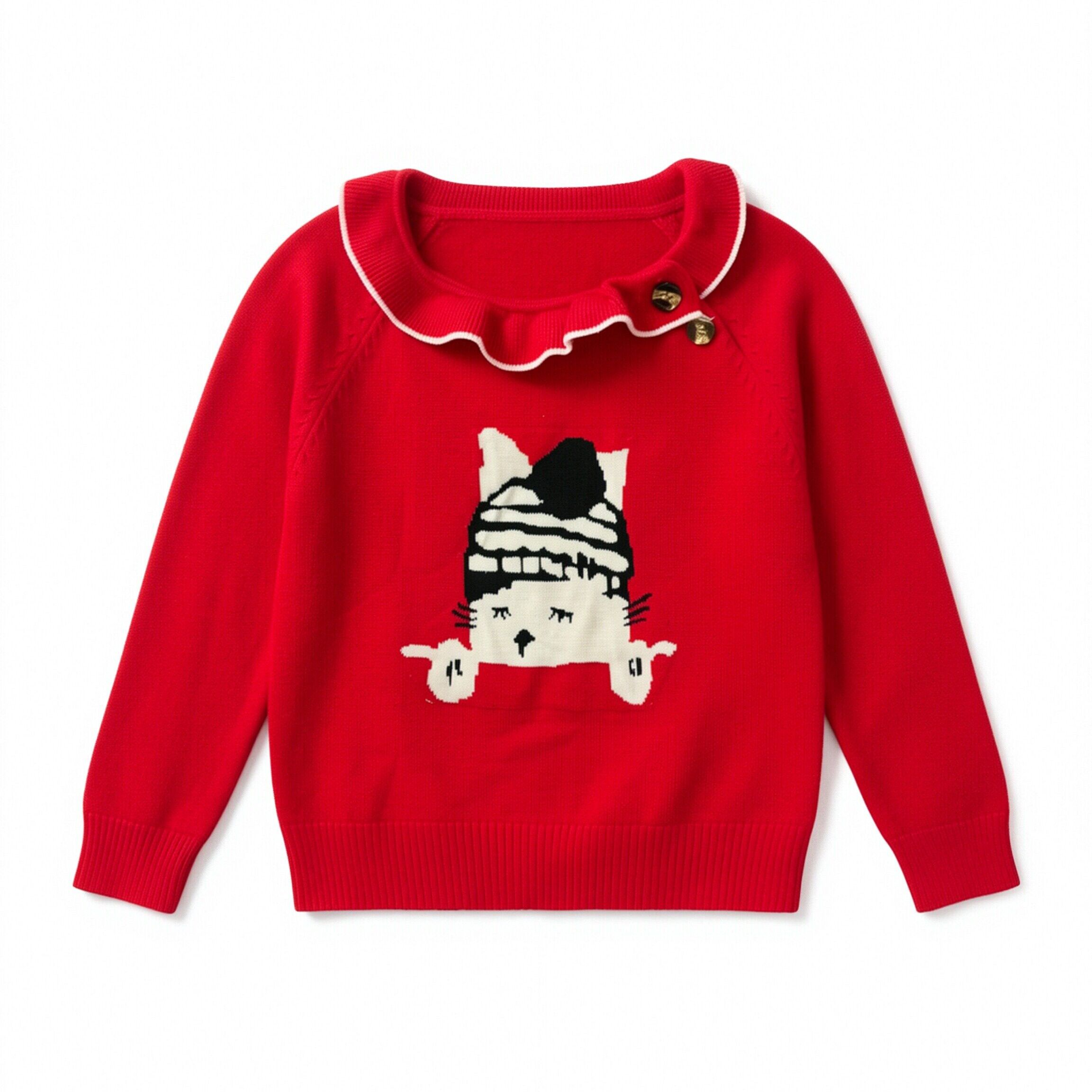 法单纯棉新年红猫咪图案春秋冬季女童长袖木耳边圆领长袖针织毛衣