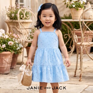 JANIEANDJACK纯棉天蓝色蕾丝花纹提花春秋夏女童吊带连衣裙公主裙
