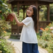 上衣 透气优雅学院风短袖 法单纯棉白色棉纱春夏季 方领清爽女童短袖