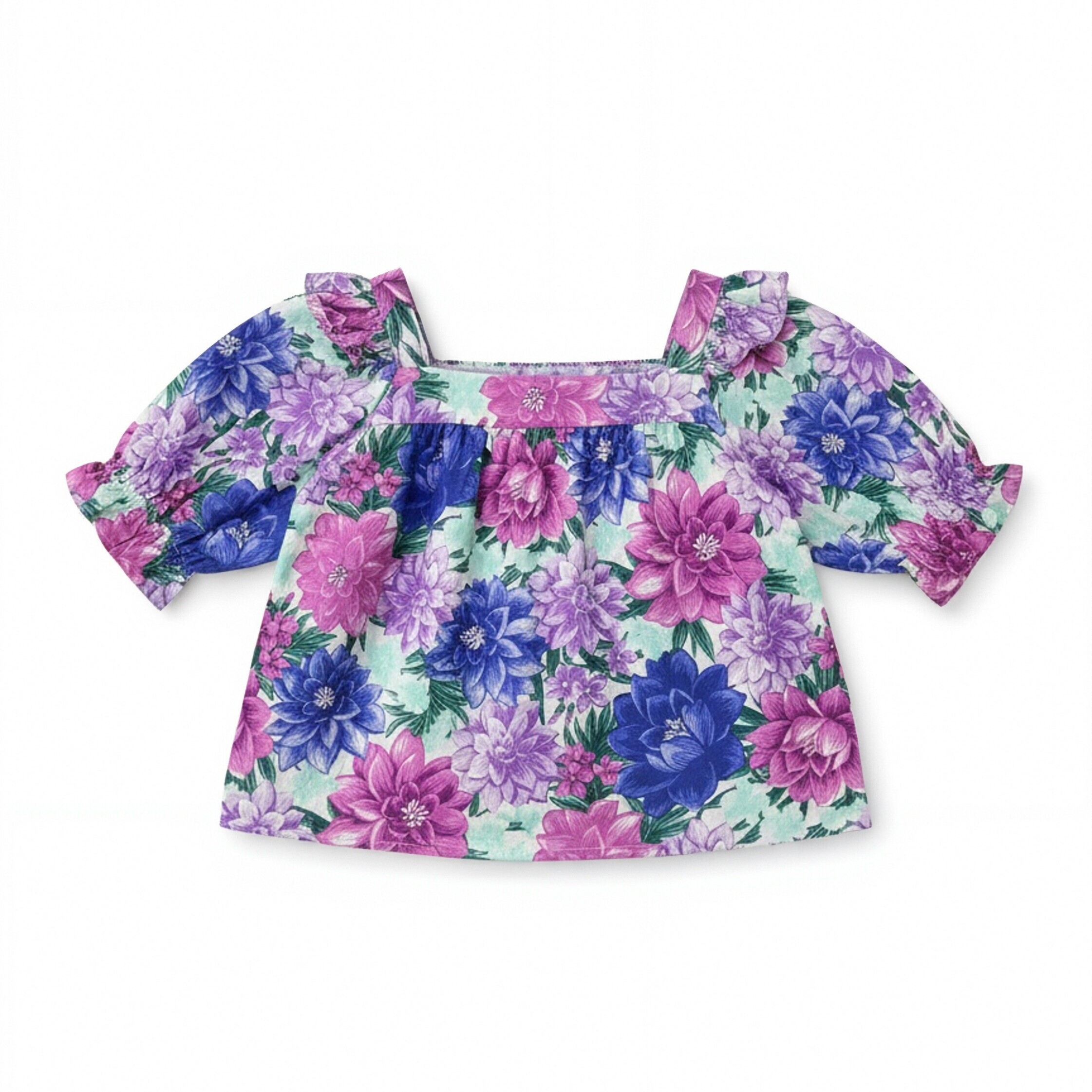 纯棉紫蓝碎花方领春夏女童衬衫