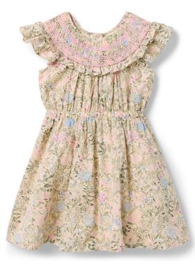 JANIE AND JACK春夏米白色碎花复古打揽圆领飞袖木耳边女童连衣裙