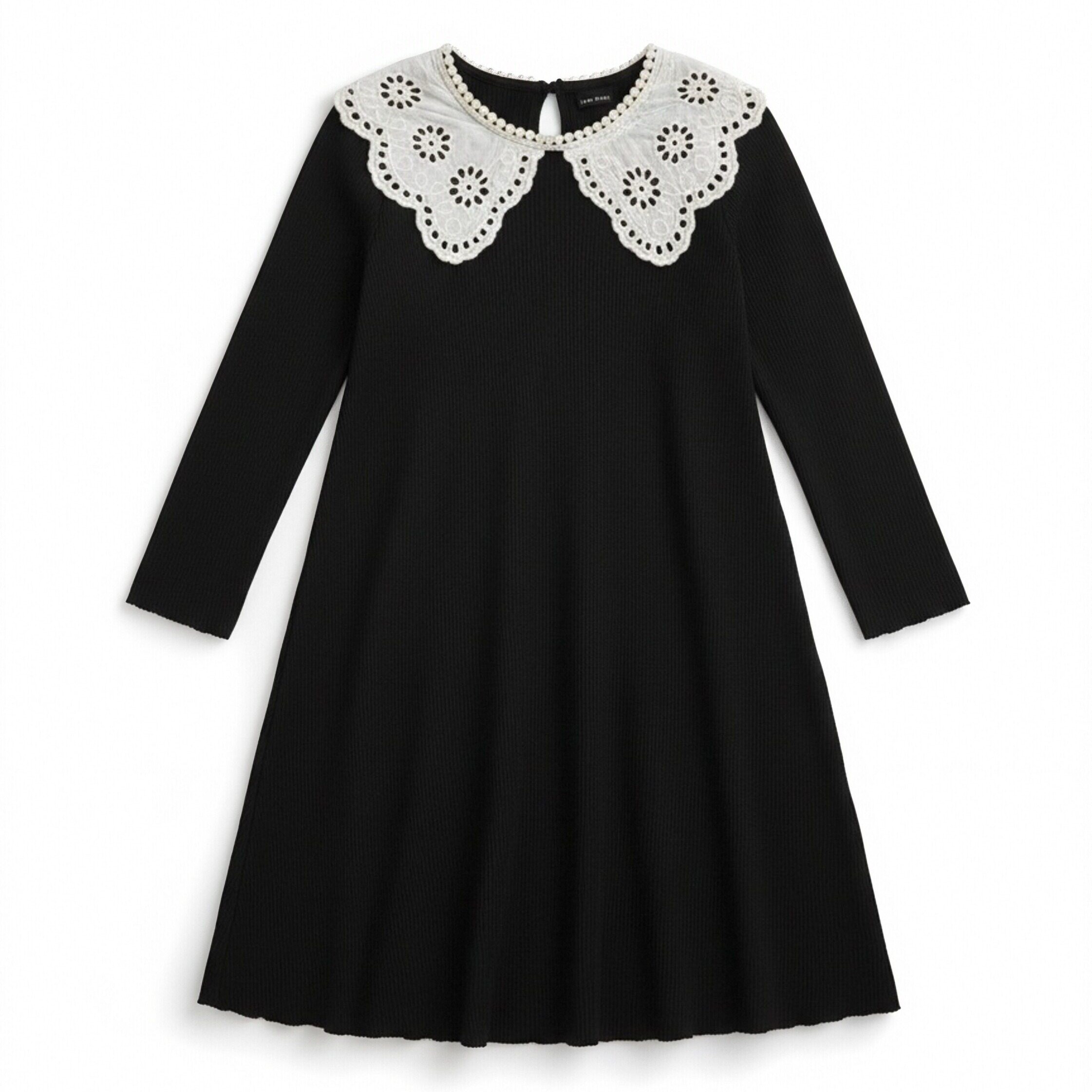 法单女童春秋季娃娃领镂空蕾丝学院风高档优雅女童长袖拉架连衣裙