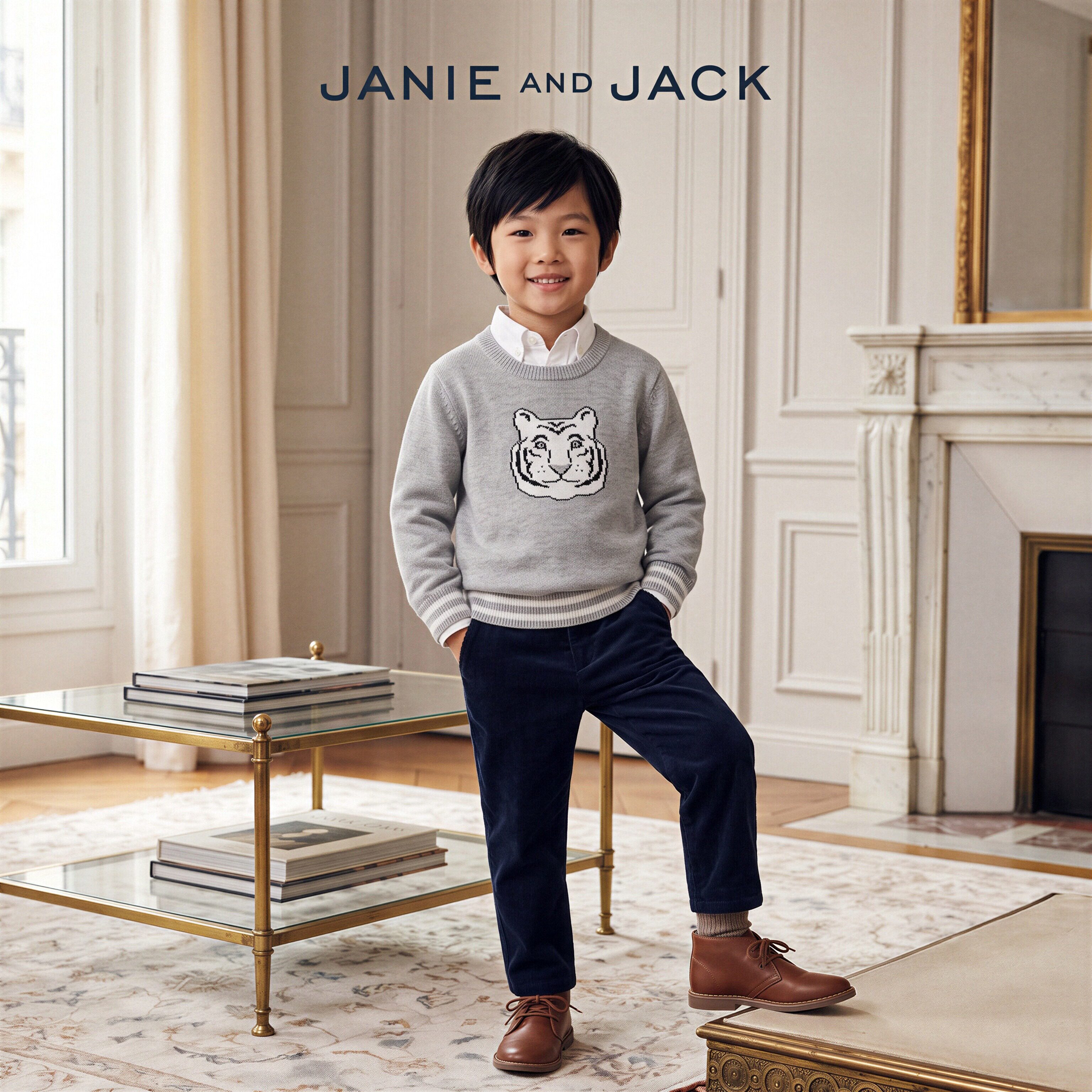 JANIEANDJACK男童纯棉虎头毛衣